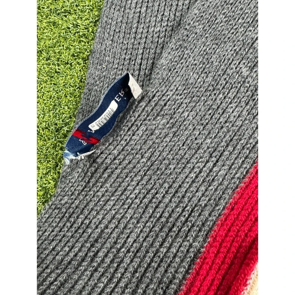 Moncler Wool Scarf Gray Red‎ Navy Stripe Logo Fringe Unisex - Picture 13 of 16